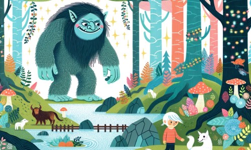 Une illustration destinée aux enfants représentant un troll géant, protecteur d'un monde merveilleux, accompagné d'un petit garçon, explorant une forêt enchantée avec une rivière scintillante, des arbres gigantesques, des fleurs multicolores et des animaux parlants.