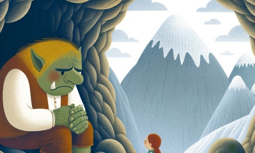 Une illustration pour enfants représentant un ogre solitaire et triste, une rencontre inattendue avec une petite fille curieuse dans une grotte située au sommet d'une montagne.