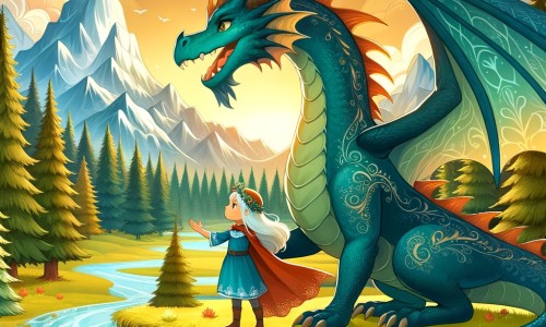 Une illustration destinée aux enfants représentant un dragon majestueux, accompagné d'une jeune fille courageuse, se trouvant dans un monde féerique rempli de forêts enchantées, de montagnes imposantes et de rivières scintillantes.