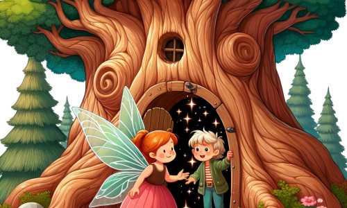 Une illustration destinée aux enfants représentant une fée curieuse découvrant une porte secrète dans le tronc d'un immense arbre, menant à un monde féerique enchanté, où elle fera la rencontre d'une petite fille courageuse prête à l'aider à sauver leur monde magique.