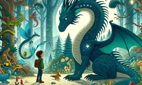 Une illustration destinée aux enfants représentant un dragon majestueux, solitaire et bienveillant, qui rencontre un jeune garçon courageux dans une forêt enchantée remplie de créatures magiques, de plantes lumineuses et de petits ruisseaux chantants.