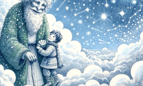 Une illustration pour enfants représentant un géant dans les nuages, emmenant un petit garçon en voyage magique à travers le ciel.