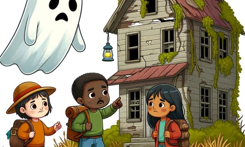 Une illustration destinée aux enfants représentant un fantôme triste flottant dans une vieille maison abandonnée, tandis qu'une petite fille curieuse et ses amis courageux tentent de devenir ses amis dans l'espoir de lui apporter de la joie et de la compagnie.