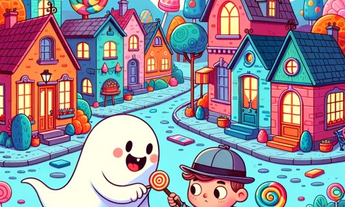 Une illustration destinée aux enfants représentant un fantôme farceur, jouant des tours rigolos à un détective curieux, dans une petite ville colorée aux maisons en bonbons et aux arbres en forme de sucettes.