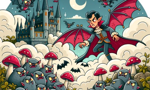 Une illustration pour enfants représentant un vampire rigolo qui cherche à se faire accepter dans un monde fantastique rempli de chauves-souris méchantes, dans un château flottant dans les nuages.