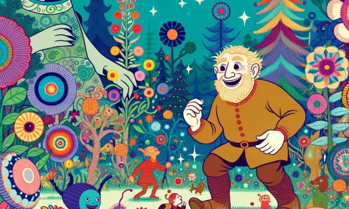 Une illustration destinée aux enfants représentant un géant rigolo et maladroit qui rencontre des petits êtres mystérieux dans une forêt enchantée remplie de fleurs multicolores et d'arbres aux formes étranges.