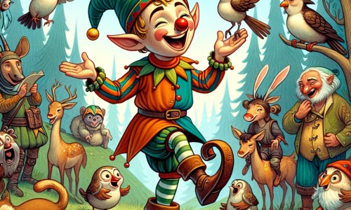 Une illustration destinée aux enfants représentant un joyeux elfe farceur dans une forêt enchantée, accompagné de ses amis animaux, dans une situation de blagues et de fêtes hilarantes.