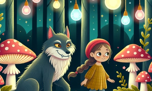 Une illustration destinée aux enfants représentant un loup-garou rigolo, accompagné d'une petite fille curieuse, explorant une forêt magique pleine de champignons géants lumineux, tapis moelleux et rideaux colorés.