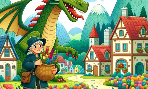 Une illustration destinée aux enfants représentant un dragon farceur, qui aime jouer des tours aux villageois en leur volant des objets, dans un petit village paisible entouré de maisons colorées, de fleurs multicolores et de collines verdoyantes.