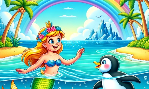 Une illustration destinée aux enfants représentant une sirène espiègle rencontrant un pingouin farceur dans les eaux cristallines d'une île tropicale bordée de palmiers, avec un arc-en-ciel dans le ciel et des poissons multicolores qui nagent autour d'eux.