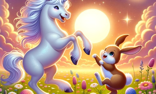 Une illustration destinée aux enfants représentant une licorne joyeuse et étincelante qui fait des farces rigolotes à son ami, un petit lapin malicieux, dans une prairie enchantée parsemée de fleurs multicolores et baignée par la lumière douce d'un soleil couchant.
