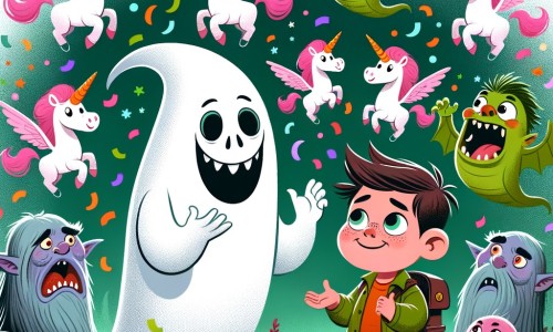 Une illustration pour enfants représentant un fantôme farceur qui vit dans un monde rempli de créatures rigolotes, et qui aime jouer des tours aux habitants de son village fantastique.