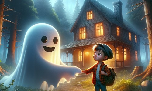 Une illustration destinée aux enfants représentant un fantôme espiègle se liant d'amitié avec un petit garçon aventurier dans une vieille maison abandonnée, entourée d'arbres majestueux et baignée d'une lumière mystérieuse.