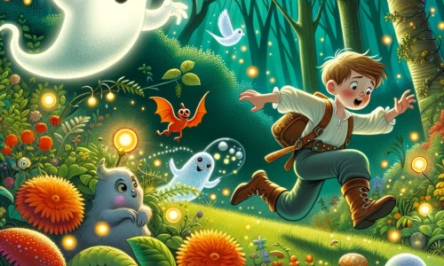 Une illustration pour enfants représentant un fantôme rigolo qui aide un petit garçon à explorer la forêt magique remplie de créatures fantastiques.
