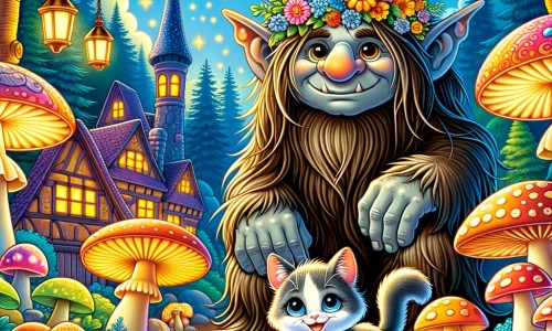 Une illustration destinée aux enfants représentant un troll farceur, accompagné d'un petit chaton malicieux, dans un village enchanté rempli de champignons lumineux et de fleurs multicolores.