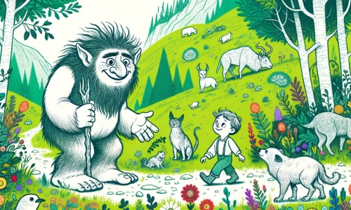 Une illustration destinée aux enfants représentant un troll maladroit et joyeux qui rencontre un petit garçon perdu dans une prairie verdoyante remplie de fleurs colorées et d'animaux curieux.