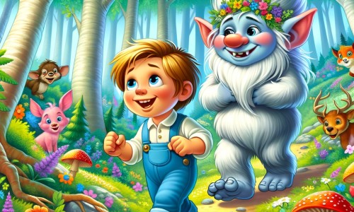 Une illustration destinée aux enfants représentant un troll farceur et malicieux, accompagné d'un petit garçon curieux, explorant une forêt magique remplie de fleurs colorées, d'arbres majestueux et d'animaux rigolos.