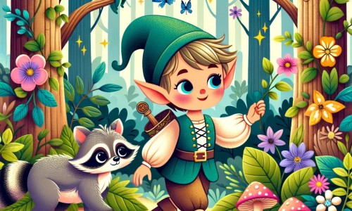 Une illustration pour enfants représentant un petit elfe espiègle qui rencontre une drôle de créature dans une forêt enchantée.