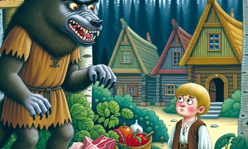 Une illustration destinée aux enfants représentant un loup-garou rigolo qui cherche un moyen de se débarrasser de sa dépendance à la viande crue, avec l'aide d'un petit garçon curieux, dans un village de huttes en bois au cœur d'une forêt enchantée.