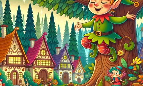Une illustration destinée aux enfants représentant un petit lutin farceur dans une forêt enchantée, accompagné d'une joyeuse bande de créatures rigolotes, dans un village aux maisons colorées niché au creux d'arbres géants aux feuilles chatoyantes.