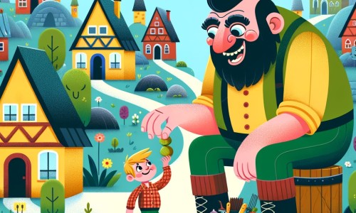 Une illustration destinée aux enfants représentant un géant rigolote qui aide un petit garçon à retrouver de la nourriture volée, dans un village peuplé de géants aux maisons immenses et colorées.