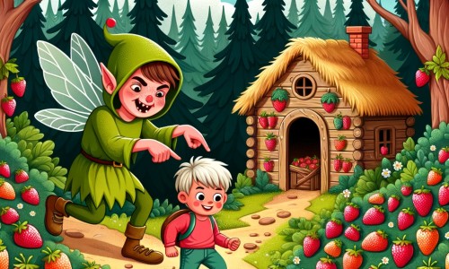 Une illustration destinée aux enfants représentant un lutin farceur, vivant dans une forêt enchantée, qui fait des blagues à un petit garçon aventurier, dans une maisonnette cachée parmi les arbres et entourée d'un champ de fraises colorées et appétissantes.