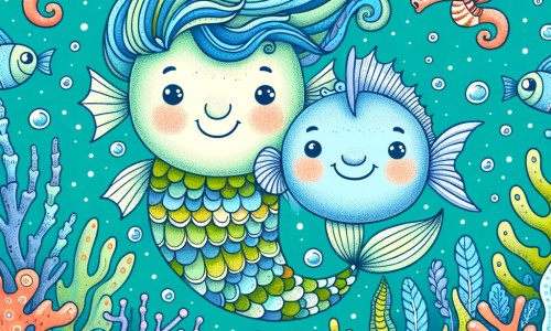 Une illustration destinée aux enfants représentant une sirène aux cheveux bleus nageant joyeusement aux côtés d'un poisson avec une tête d'humain, dans un océan aux eaux turquoise parsemées de coraux colorés et d'hippocampes rigolos.