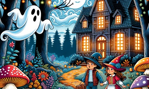 Une illustration pour enfants représentant un fantôme farceur amusant qui hante une vieille maison abandonnée dans un univers fantastique rempli de créatures rigolotes.