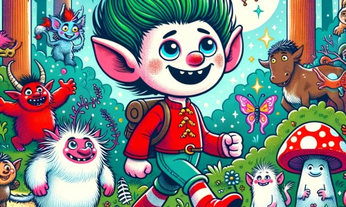 Une illustration pour enfants représentant un petit troll rigolo qui découvre un monde fantastique peuplé de créatures étranges dans une forêt enchantée.