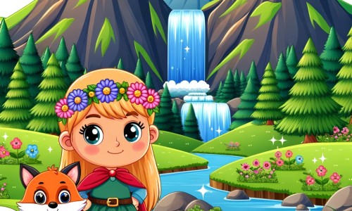Une illustration destinée aux enfants représentant une petite fille courageuse se tenant devant une montagne immense, accompagnée d'un adorable renard, dans une vallée verdoyante entourée de cascades scintillantes et de fleurs multicolores.