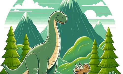 Une illustration destinée aux enfants représentant un majestueux diplodocus, se tenant au bord d'une vallée verdoyante entourée de hautes montagnes, tandis qu'un petit tricératops joue joyeusement à ses côtés.