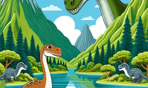 Une illustration destinée aux enfants représentant un majestueux herbivore à long cou, se trouvant face à un redoutable prédateur, dans une vallée luxuriante entourée de montagnes verdoyantes et d'un grand lac scintillant.