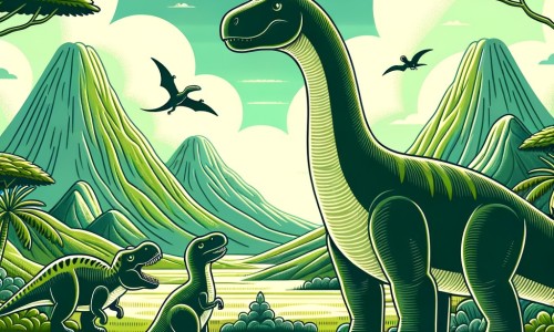 Une illustration destinée aux enfants représentant un majestueux diplodocus, se tenant sur une vaste plaine verdoyante, accompagné d'un petit hadrosaure, dans la magnifique vallée des dinosaures, alors qu'ils font face à un redoutable T-Rex.