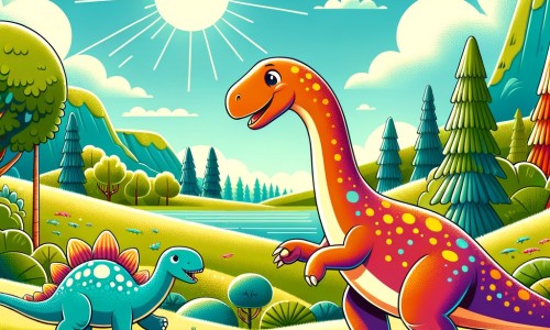 Une illustration destinée aux enfants représentant un majestueux et tendre diplodocus, vivant des aventures palpitantes avec son ami coloré, dans une plaine luxuriante où les dinosaures broutent paisiblement sous un soleil éclatant.
