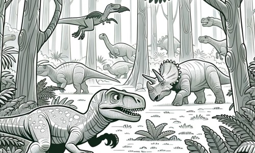 Une illustration destinée aux enfants représentant un vélociraptor agile et vif, se tenant en embuscade au milieu d'une dense forêt préhistorique, tandis qu'un troupeau de tricératops paisibles broute paisiblement à proximité.