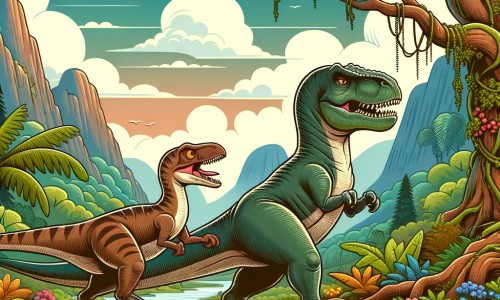 Une illustration destinée aux enfants représentant un vélociraptor courageux et audacieux, accompagné d'un tyrannosaure perdu, se trouvant dans une vallée luxuriante remplie d'arbres géants et de plantes colorées.
