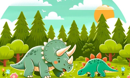 Une illustration destinée aux enfants représentant un tricératops intrépide explorant une forêt dense de l'époque des dinosaures, accompagné d'un stégosaure en difficulté, dans une plaine herbeuse parsemée de fleurs colorées.