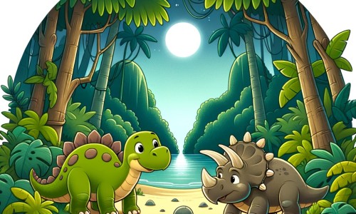 Une illustration destinée aux enfants représentant un stégosaure timide découvrant l'amitié et l'aventure, accompagné d'un tricératops courageux, dans une île mystérieuse au cœur d'une jungle dense et verdoyante.