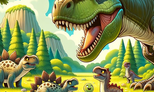 Une illustration destinée aux enfants représentant un puissant et imposant Tyrannosaure Rex, affamé, rencontrant une adorable famille de stégosaures dans une belle clairière verdoyante de la préhistoire.
