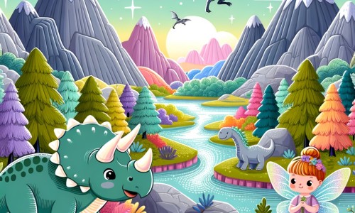 Une illustration pour enfants représentant un majestueux tricératops confronté à une aventure extraordinaire dans la vallée des dinosaures.