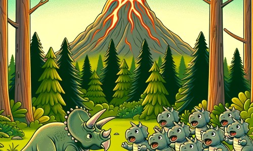 Une illustration destinée aux enfants représentant un tricératops solitaire, se trouvant au milieu d'une forêt dense et luxuriante, découvrant un groupe de joyeux tricératops qui jouent ensemble près d'un grand volcan en éruption.