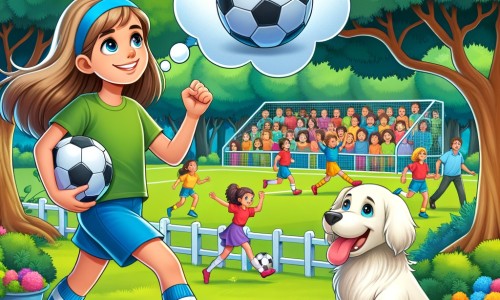 Une illustration pour enfants représentant une jeune fille passionnée de football qui joue pour une équipe professionnelle dans un stade rempli de fans en délire.