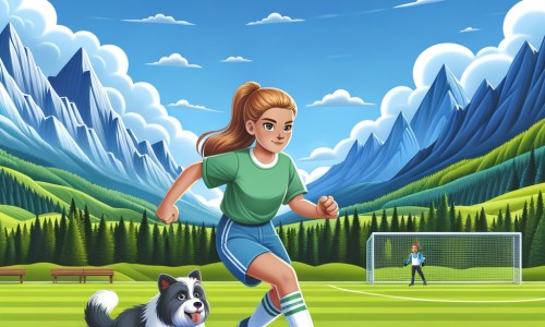 Une illustration pour enfants représentant une jeune fille passionnée de football qui rêve de devenir une joueuse professionnelle, dans un terrain de football entouré de ses amis et de sa famille.