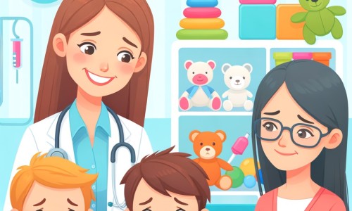 Une illustration destinée aux enfants représentant une femme médecin souriante, entourée d'un petit garçon triste et d'une maman inquiète, dans une clinique lumineuse et accueillante remplie de jouets colorés.