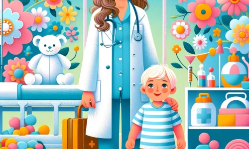 Une illustration destinée aux enfants représentant une femme médecin bienveillante, accompagnée d'un petit garçon, dans un hôpital lumineux et coloré rempli de fleurs et de jouets.