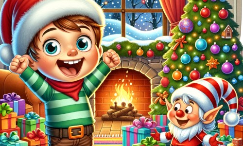 Une illustration destinée aux enfants représentant un petit garçon plein d'excitation, entouré de cadeaux et de décorations colorées, accompagné d'un lutin espiègle, dans un salon chaleureux avec un sapin de Noël scintillant et une cheminée crépitante.