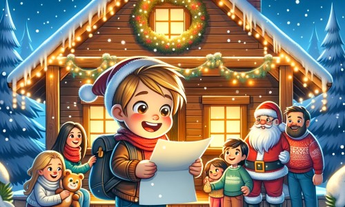 Une illustration pour enfants représentant un petit garçon plein d'enthousiasme découvrant une lettre mystérieuse qui va l'emmener dans une aventure magique au cœur de Noël, dans un village enneigé.