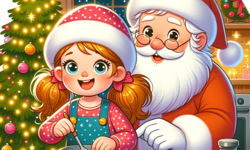 Une illustration destinée aux enfants représentant une petite fille pleine d'enthousiasme préparant une surprise de Noël, accompagnée d'un Père Noël chaleureux, dans une maison décorée de guirlandes lumineuses et d'un sapin scintillant.