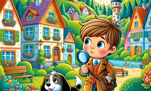 Une illustration destinée aux enfants représentant un petit garçon curieux, enquêtant sur la mystérieuse disparition de ses bonbons, accompagné de son fidèle chien, dans un village pittoresque entouré de maisons colorées et d'un parc verdoyant.