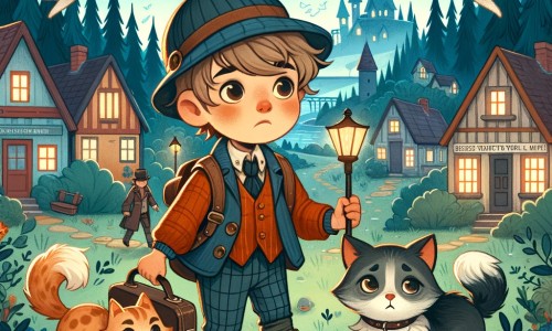Une illustration pour enfants représentant un petit garçon enquêteur, confronté à la mystérieuse disparition de son chat adoré, dans une petite ville pleine de secrets et de surprises.